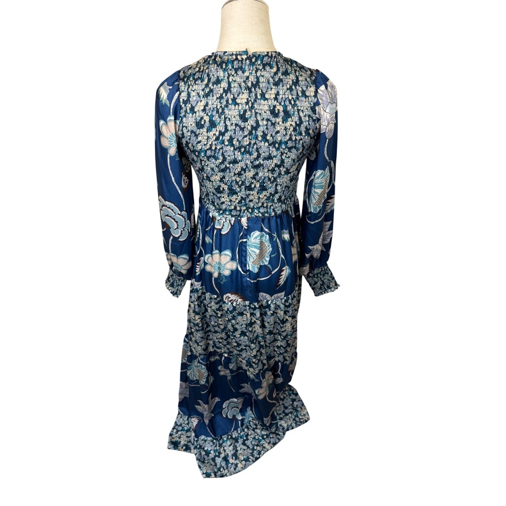Tuckernuck Blue Floral Smocked Bodice Tiered Maxi Dress Long Sleeve XS - Picture 6 of 9